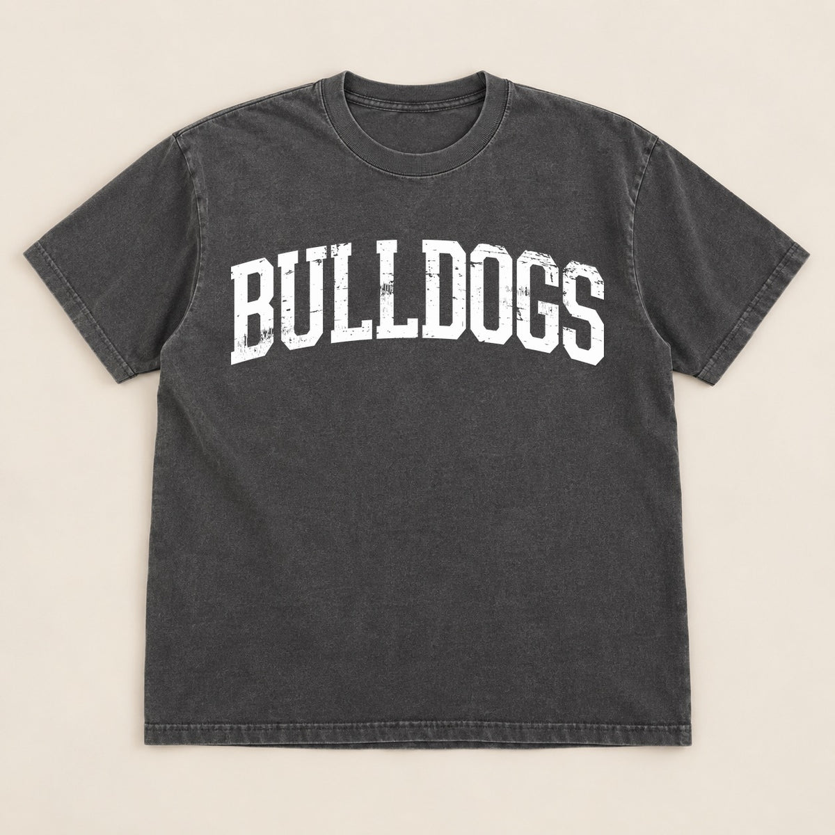 Bulldogs Distressed Arched Tee on a real Comfort Colors shirt