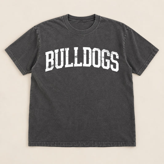 Bulldogs Distressed Arched Tee on a real Comfort Colors shirt