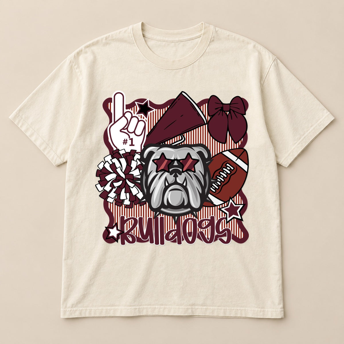 Bulldogs Spirit Collage Tee on a real Comfort Colors shirt