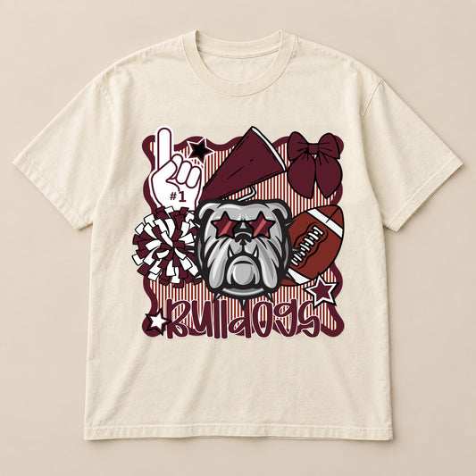 Bulldogs Spirit Collage Tee on a real Comfort Colors shirt