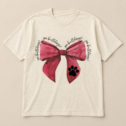 Bulldogs Watercolor Bow Tee on a real Comfort Colors shirt