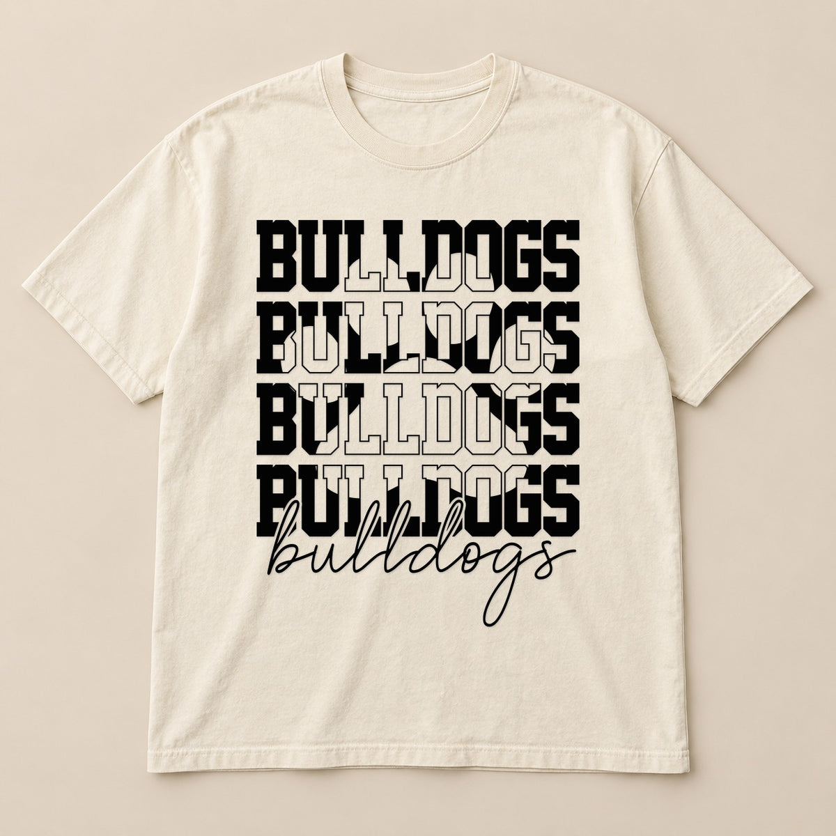 Stacked Bulldogs Script Tee on a real Comfort Colors shirt