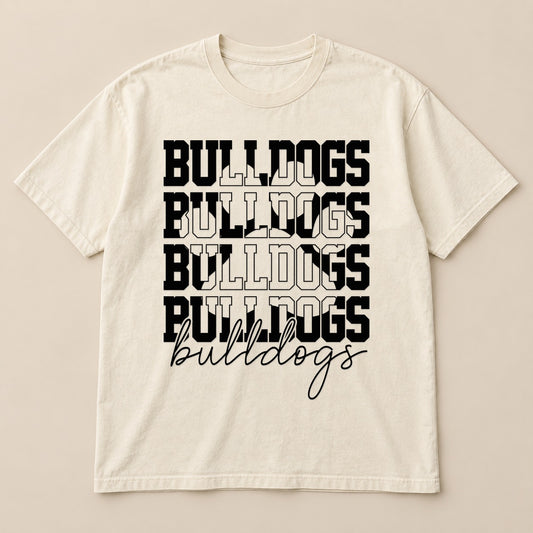 Stacked Bulldogs Script Tee on a real Comfort Colors shirt
