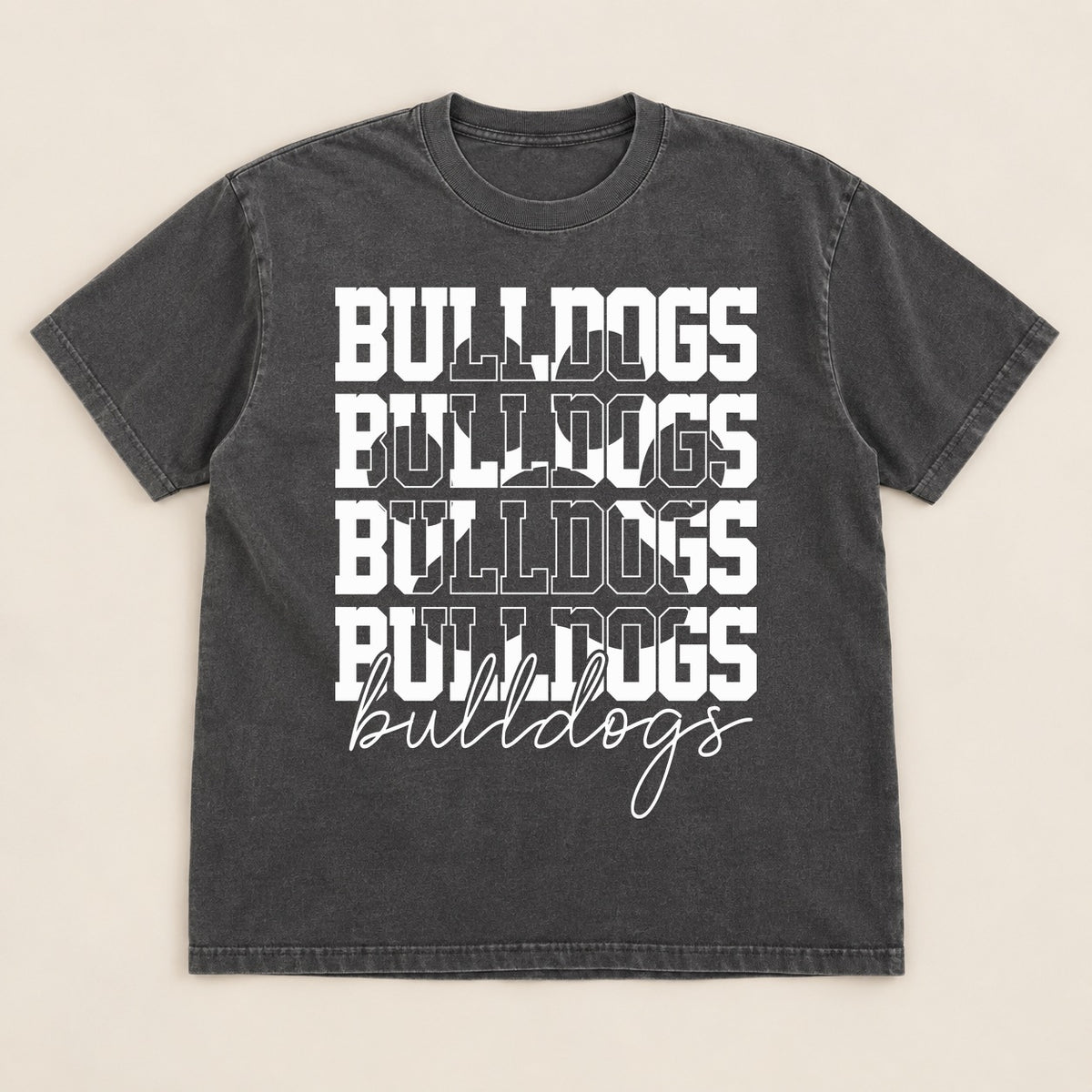 Stacked Bulldogs Script Tee on a real Comfort Colors shirt