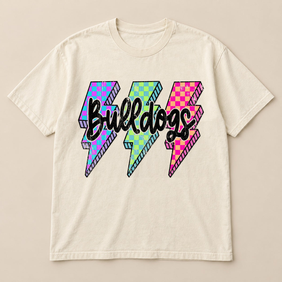 Colorful Lightning Bulldogs Tee on a real Comfort Colors shirt