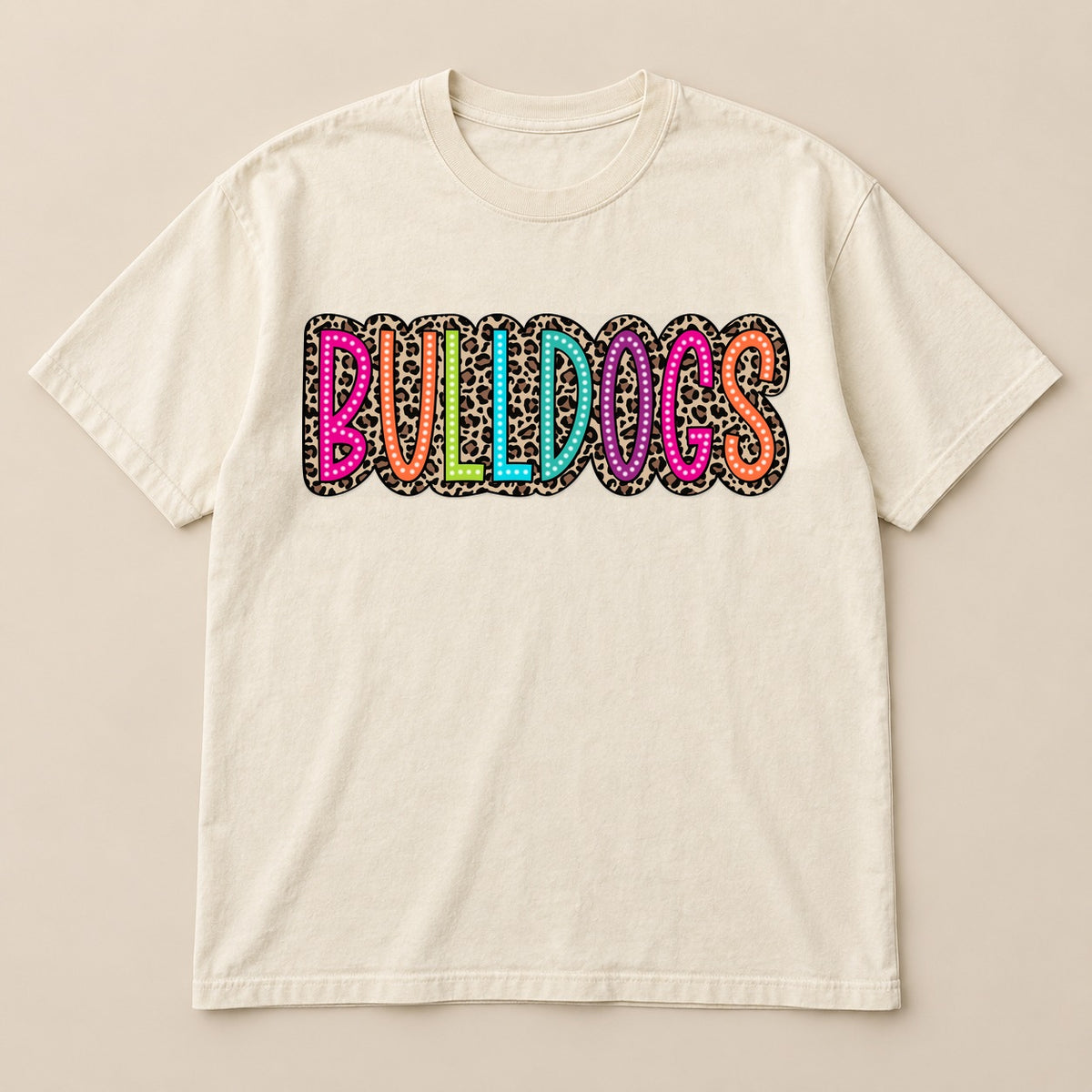 Colorful Leopard Bulldogs Tee on a real Comfort Colors shirt