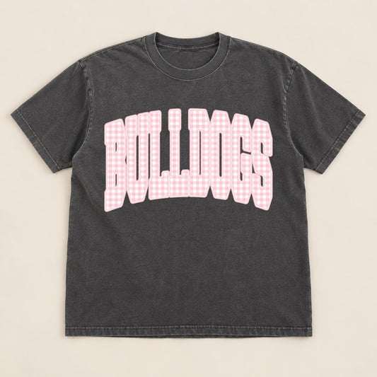 Pink Gingham Bulldogs Tee on a real Comfort Colors shirt