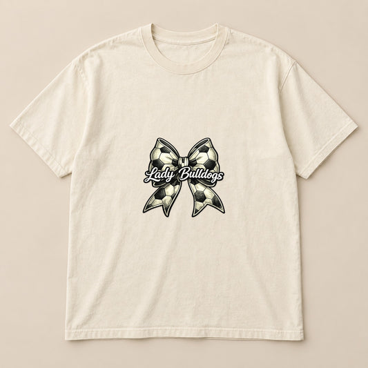 Lady Bulldogs Soccer Bow Tee on a real Comfort Colors shirt