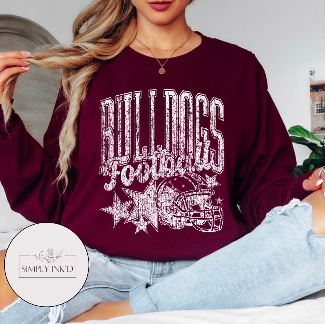 Rolla Bulldogs vintage football design on maroon crewneck