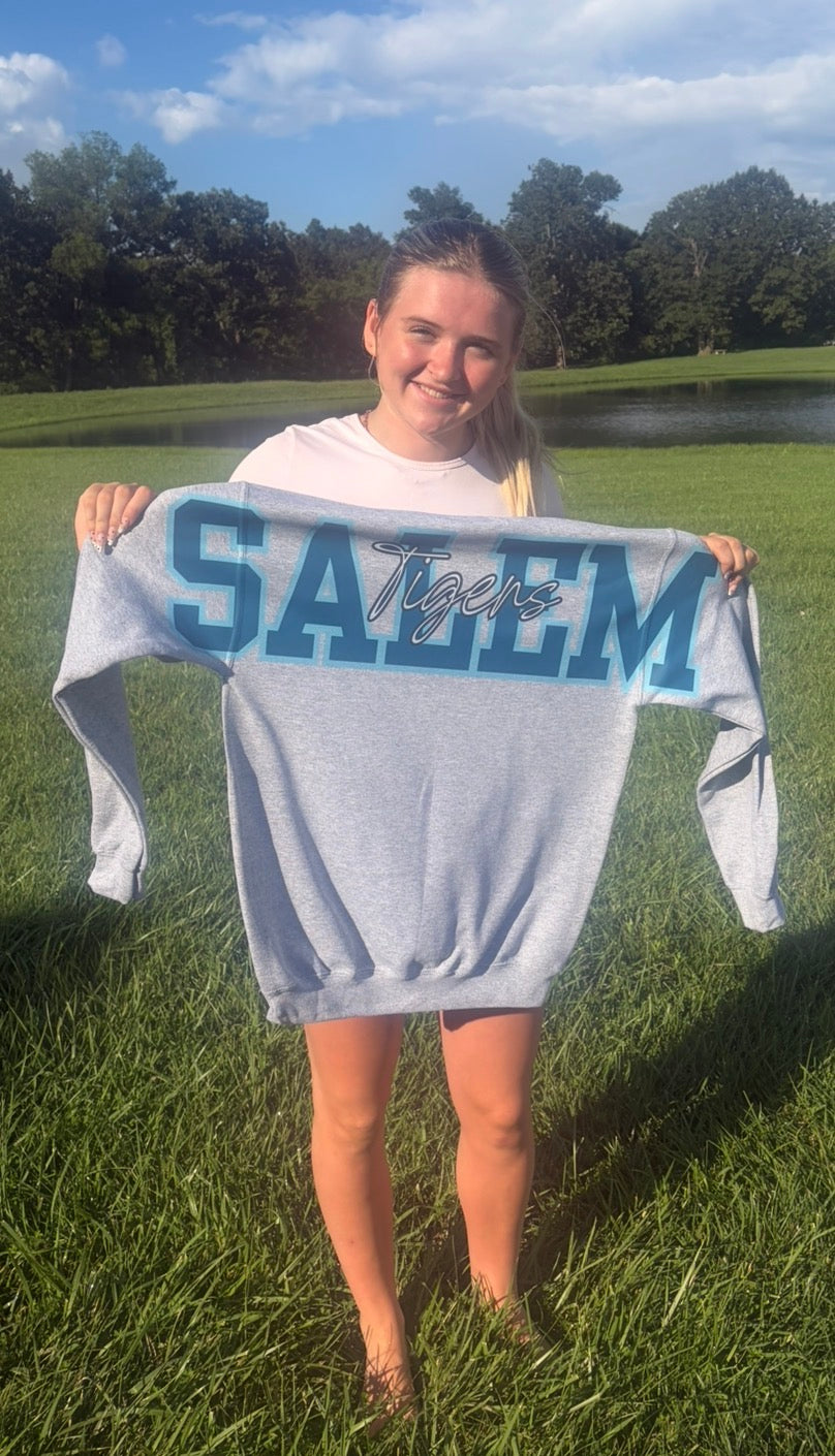 Salem Tigers bold upper back print on Sport Grey crewneck