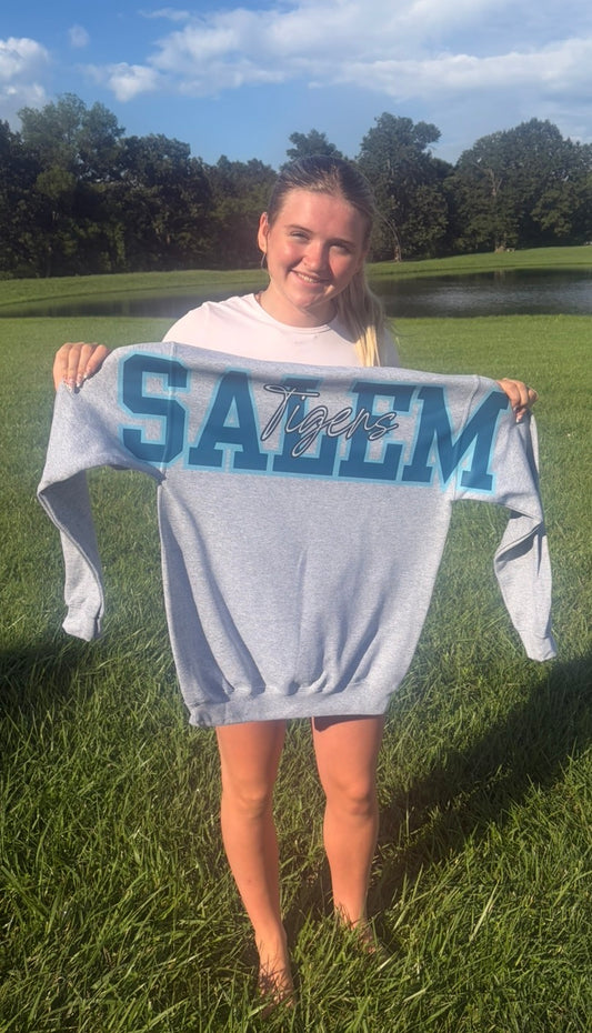 Salem Tigers bold upper back print on Sport Grey crewneck
