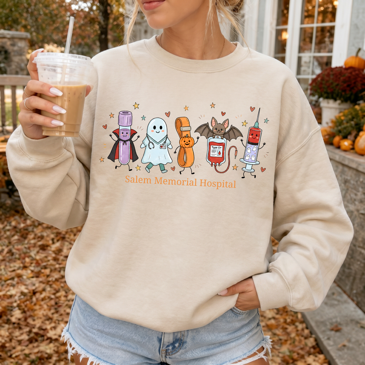 Salem Memorial Hospital Halloween Laboratory Friends design on a Sand Gildan crewneck