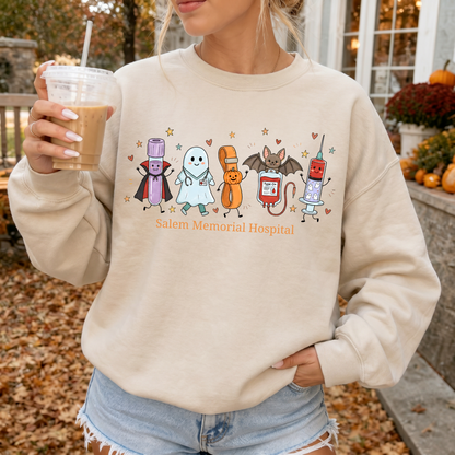 Salem Memorial Hospital Halloween Laboratory Friends design on a Sand Gildan crewneck