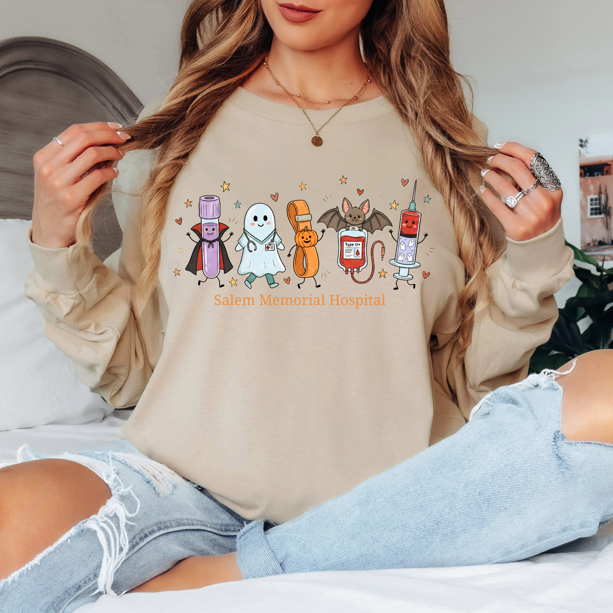 Salem Memorial Hospital Halloween Laboratory Friends design on a Sand Gildan long-sleeve