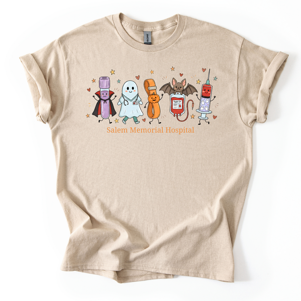 Salem Memorial Hospital Halloween Laboratory Friends design on a Sand Gildan tshirt