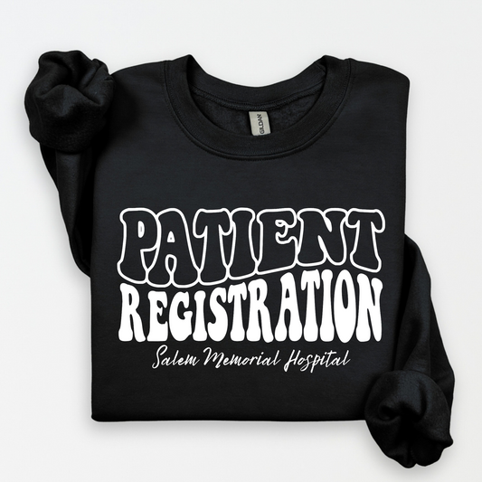 White Patient Registration and Salem Memorial Hospital lettering on a black crewneck sweatshirt