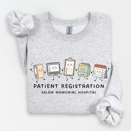 Patient Registration office characters and Salem Memorial Hospital lettering on an ash grey crewneck sweatshirt