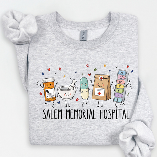 Salem Memorial Hospital Pharmacy Friends design shown on an ash grey crewneck sweatshirt