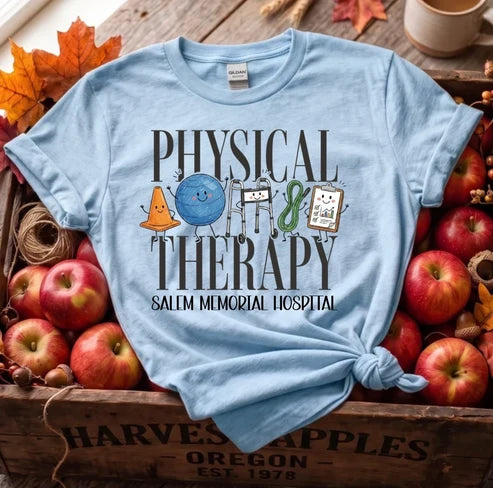 Physical Therapy Salem Memorial Hospital design shown on a light blue short-sleeve T-shirt