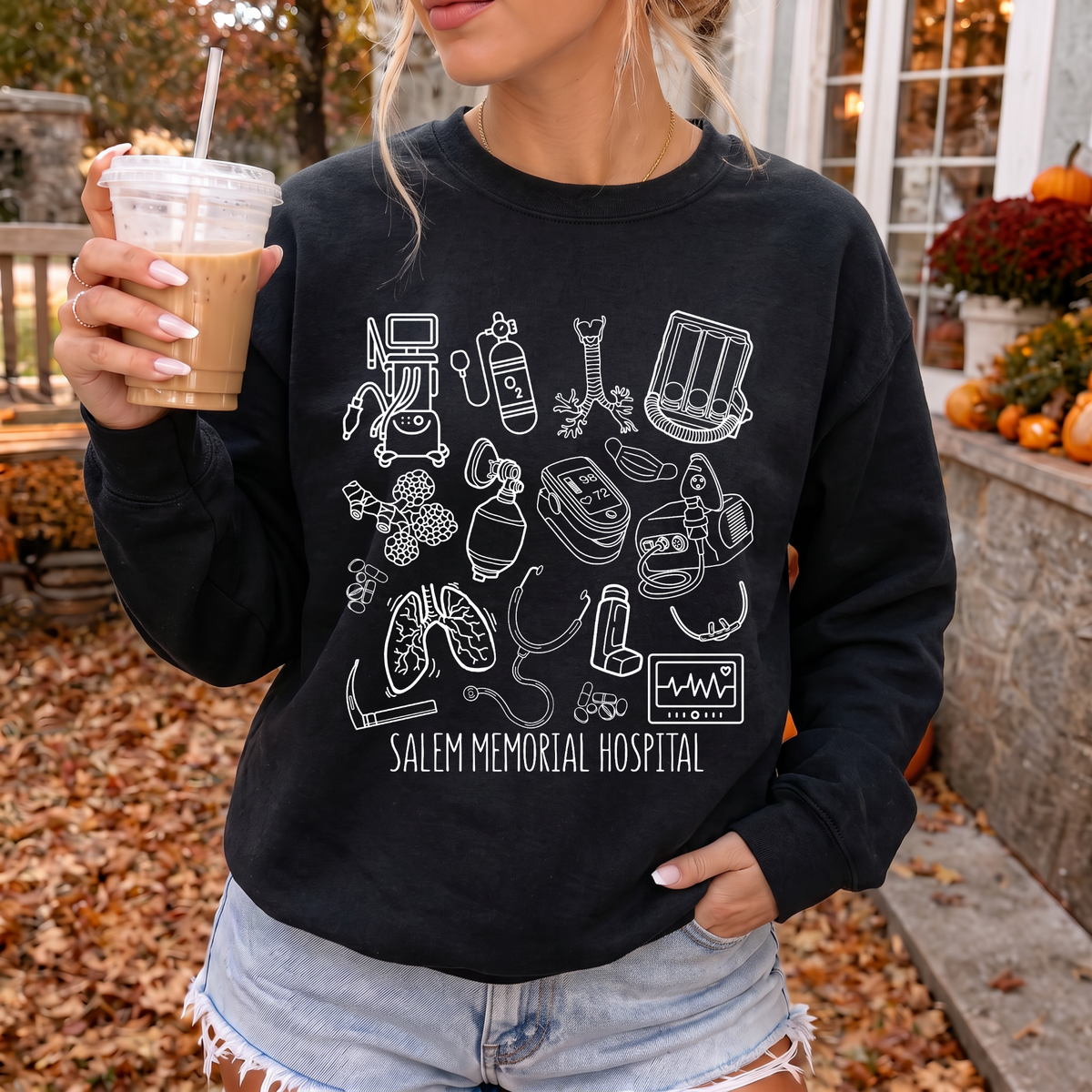 Salem Memorial Hospital respiratory care equipment design on Black Gildan crewneck