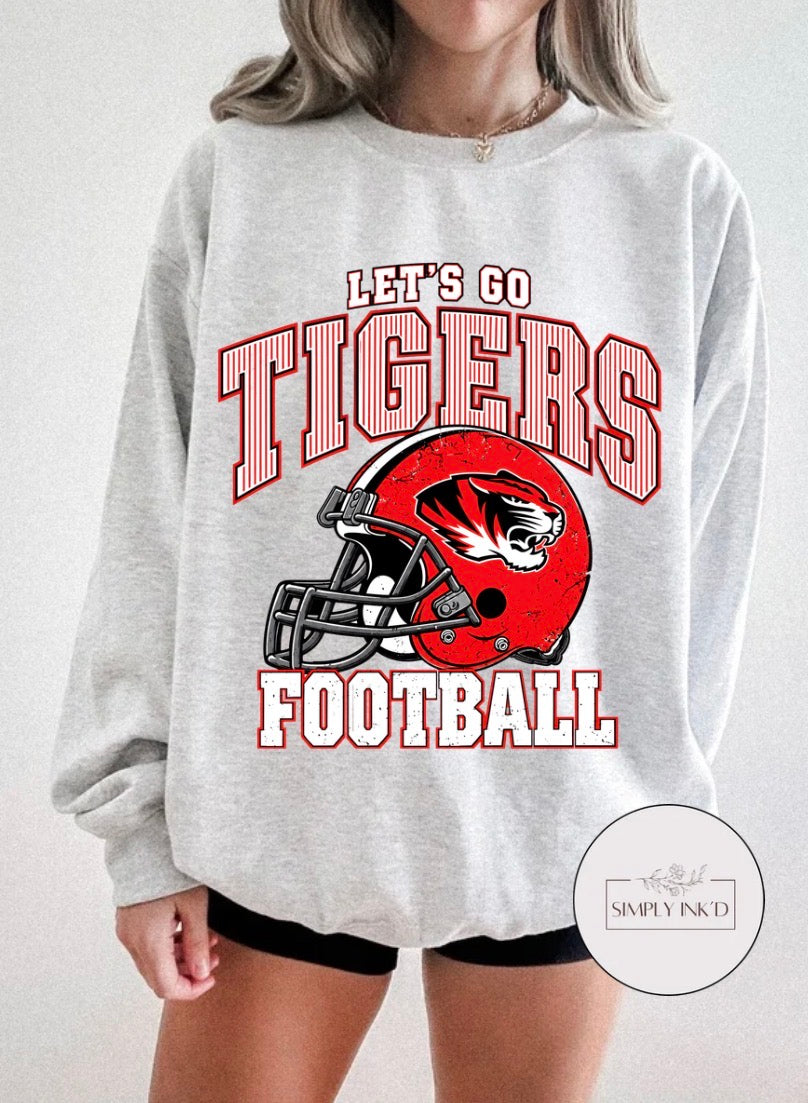 Let's Go Tigers Football design on an adult Ash crewneck