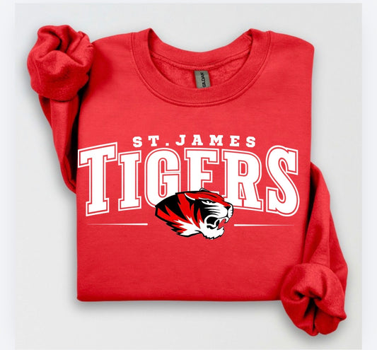 St. James Tigers classic design on a red crewneck sweatshirt