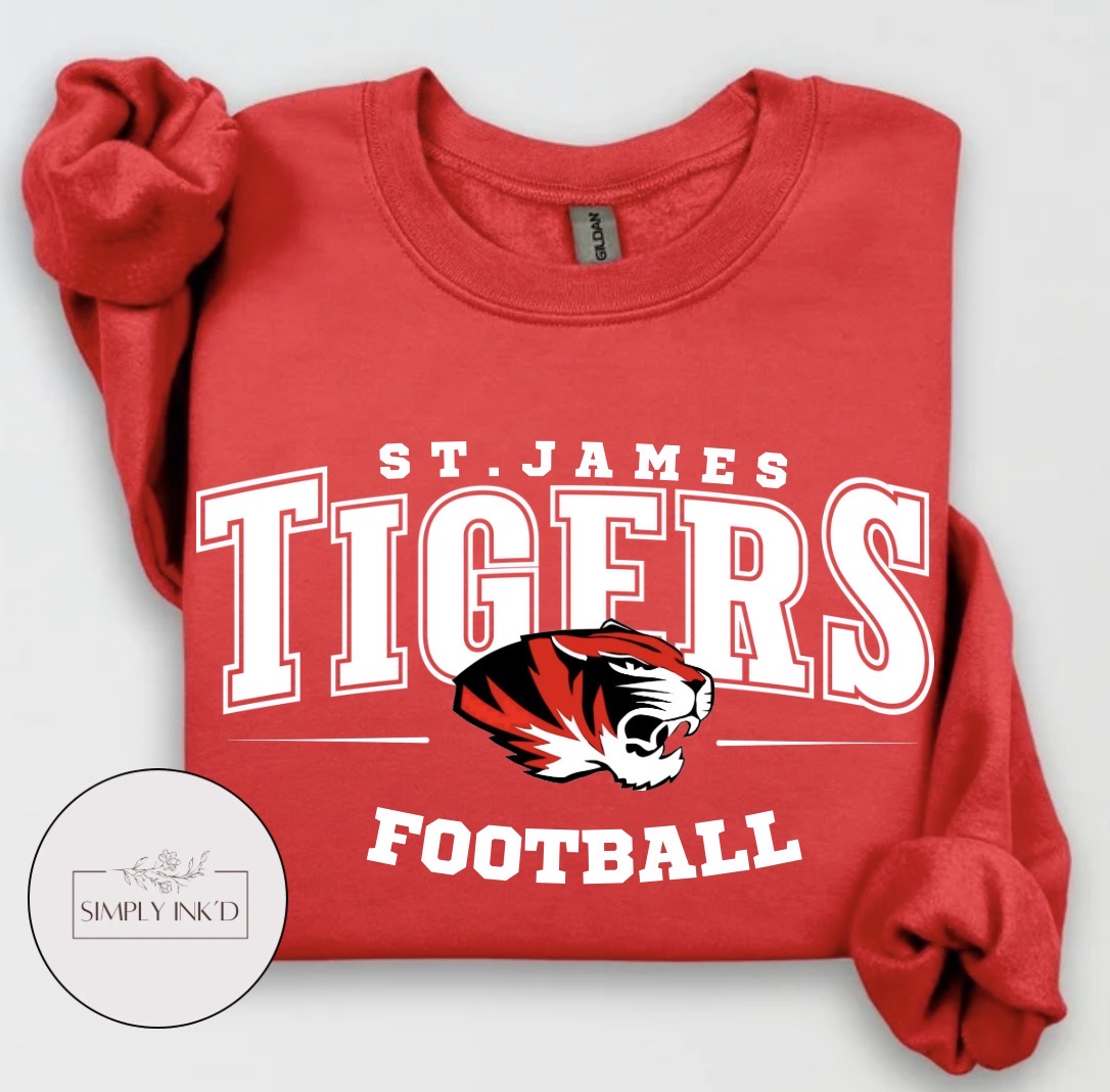 St. James Tigers Football design on a red crewneck sweatshirt