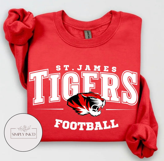 St. James Tigers Football design on a red crewneck sweatshirt