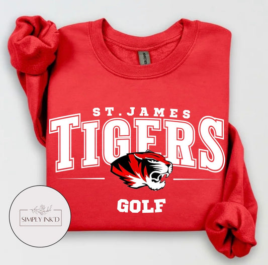 St. James Tigers Golf design on a red crewneck sweatshirt