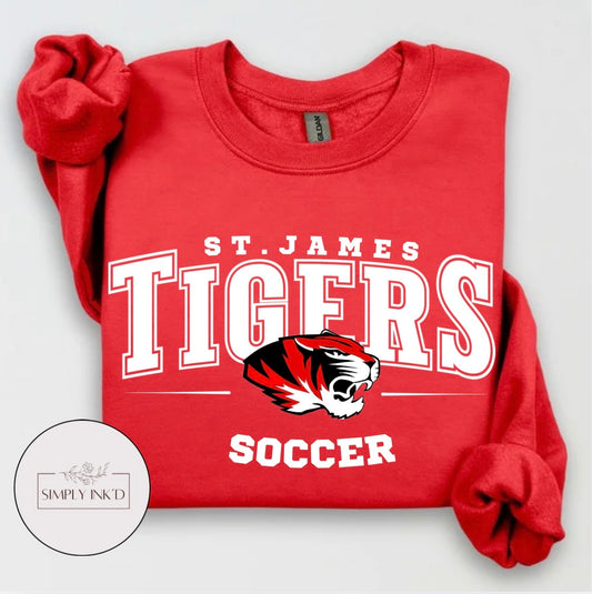St. James Tigers Soccer design on a red crewneck sweatshirt