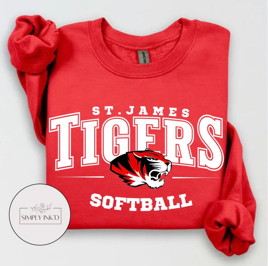 St. James Tigers Softball design on a red crewneck sweatshirt