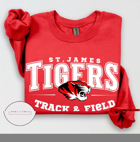 St. James Tigers Track & Field design on a red crewneck sweatshirt