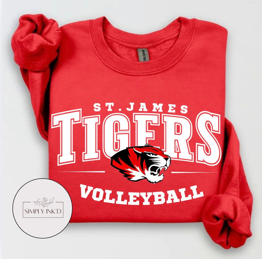 St. James Tigers Volleyball design on a red crewneck sweatshirt