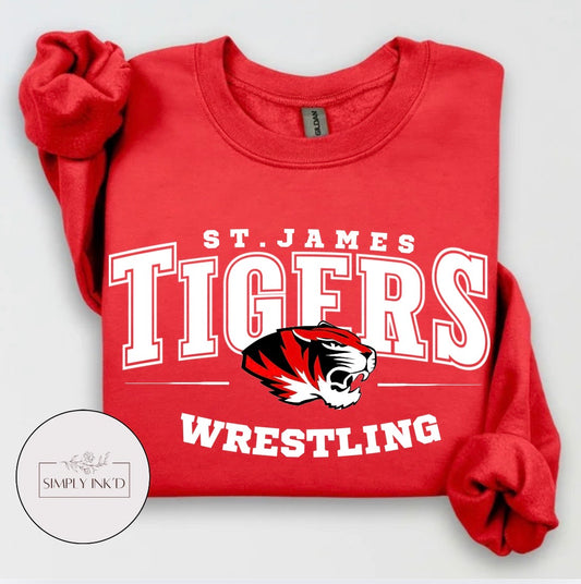 St. James Tigers Wrestling design on a red crewneck sweatshirt