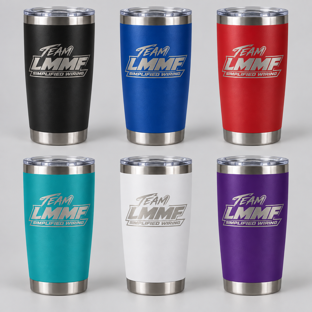 Team LMMF laser engraved tumbler in six available colors: black, royal blue, red, teal, white, and purple