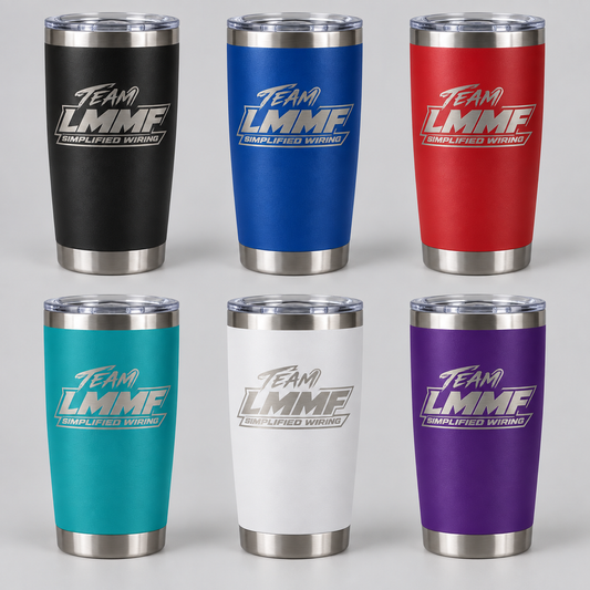 Team LMMF laser engraved tumbler in six available colors: black, royal blue, red, teal, white, and purple