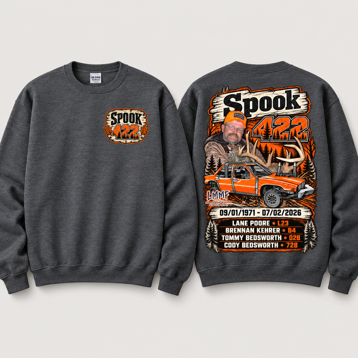 Team Spook 422 Dark Heather Crewneck front and back