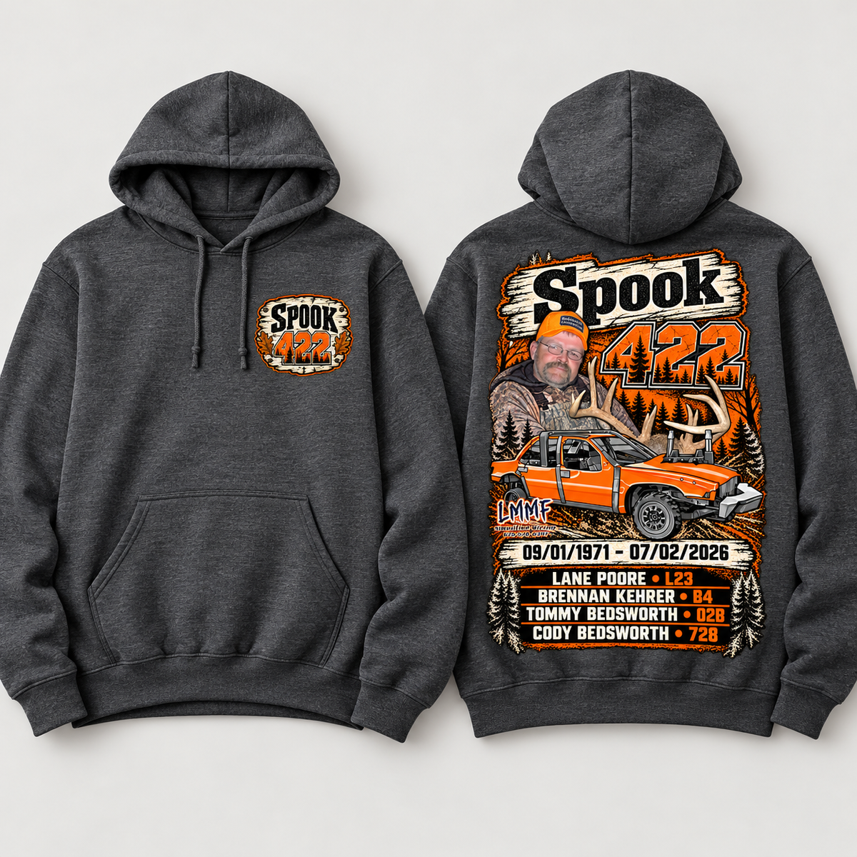 Team Spook 422 Dark Heather Hoodie front and back