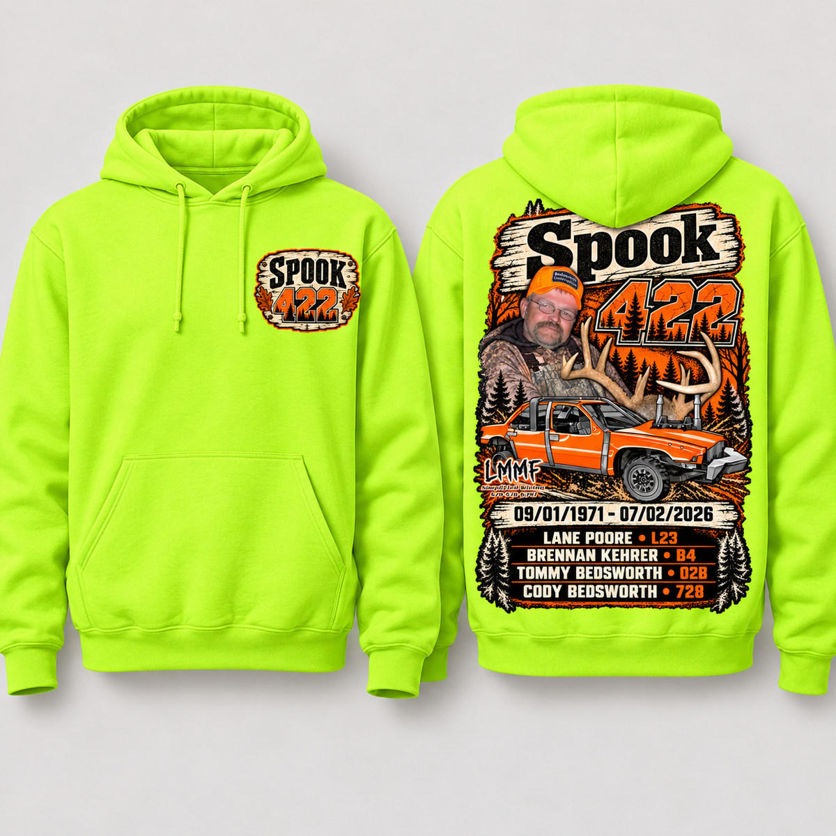 Team Spook 422 Safety Green Hoodie front and back