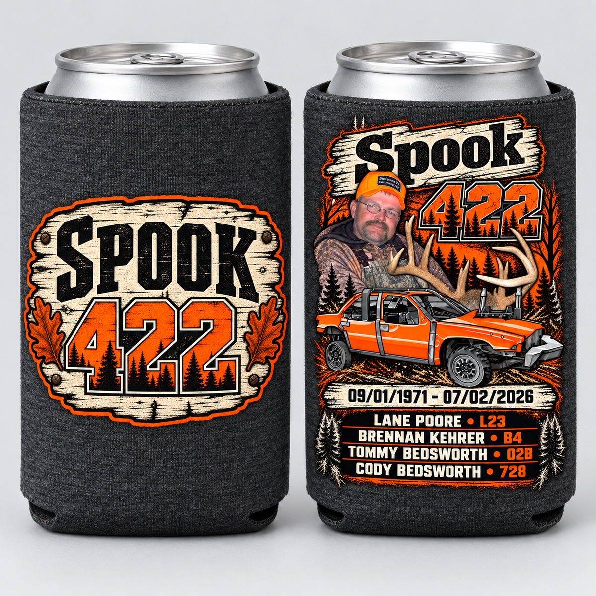 Team Spook 422 Dark Heather koozie front and back