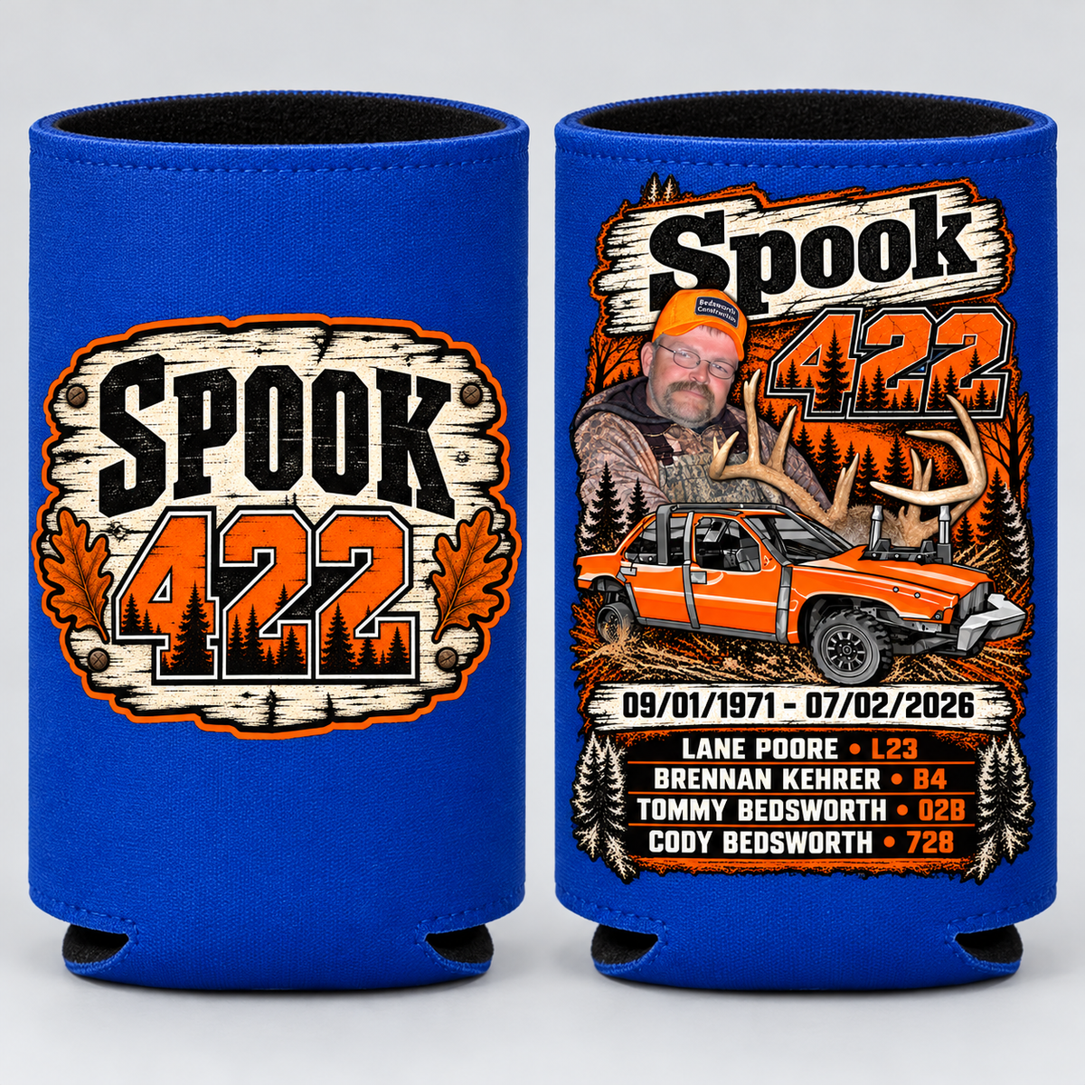 Team Spook 422 Royal Blue koozie front and back