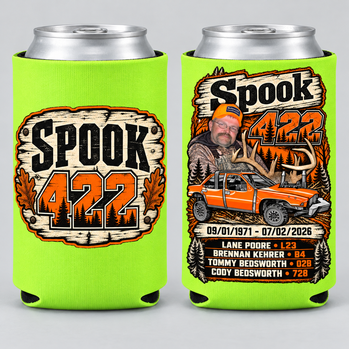Team Spook 422 Safety Green koozie front and back
