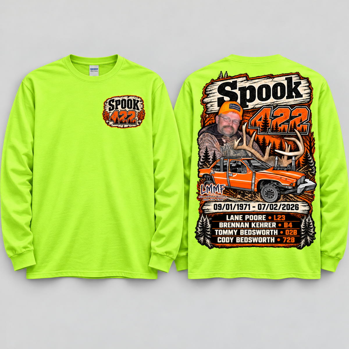 Team Spook 422 Safety Green Long Sleeve front and back