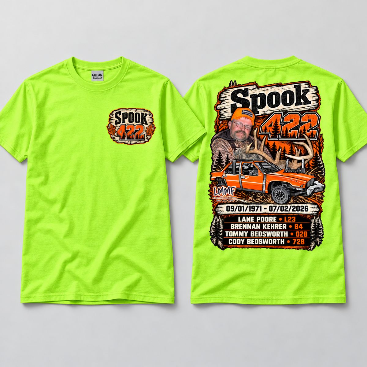 Team Spook 422 Safety Green T-Shirt front and back