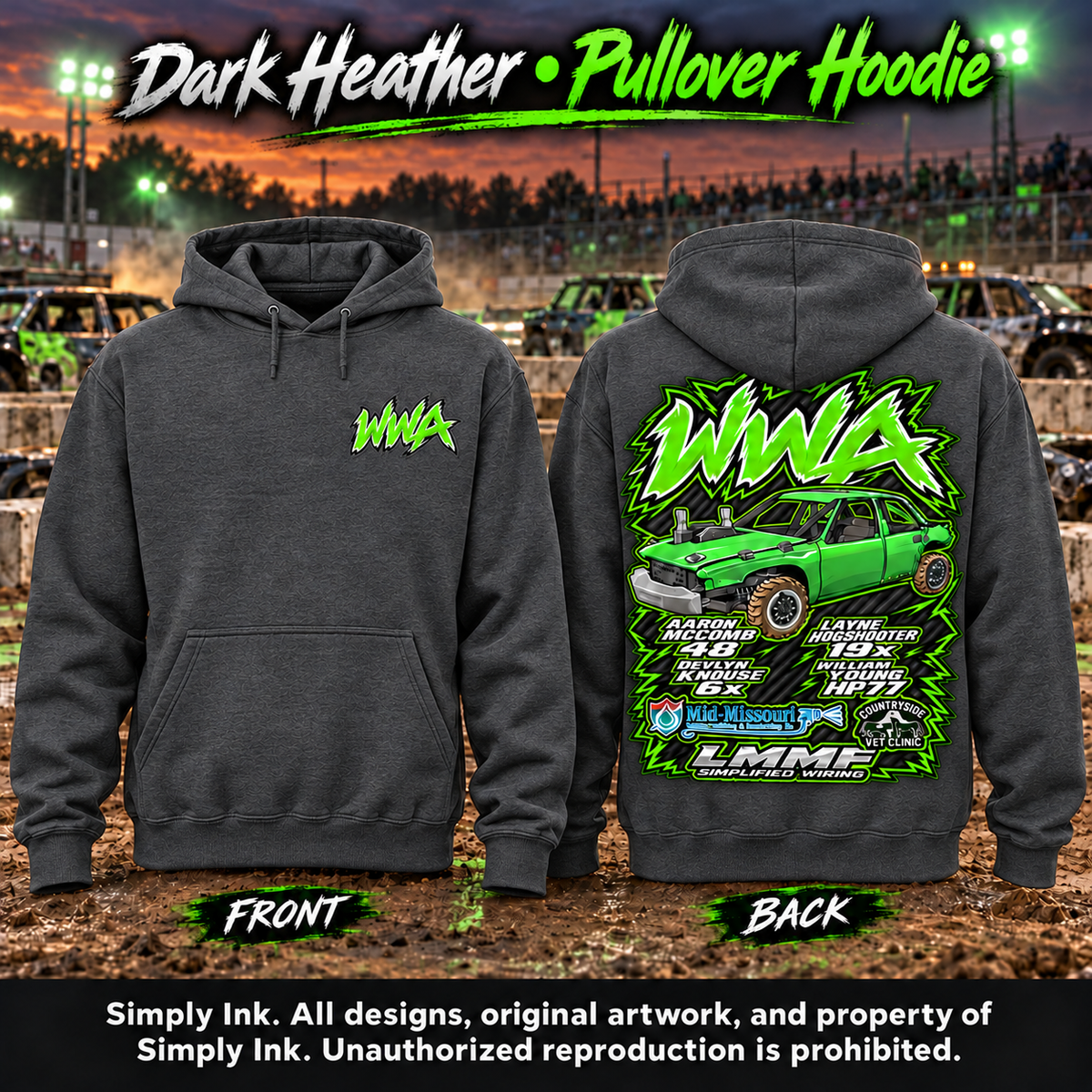 Team WWA Dark Heather hoodie front and back with left chest logo