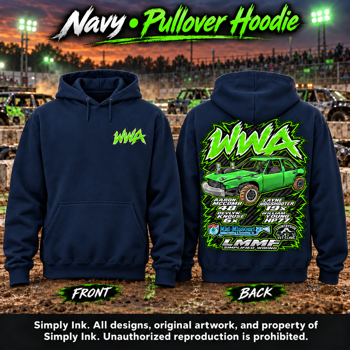 Team WWA Navy hoodie front and back with left chest logo