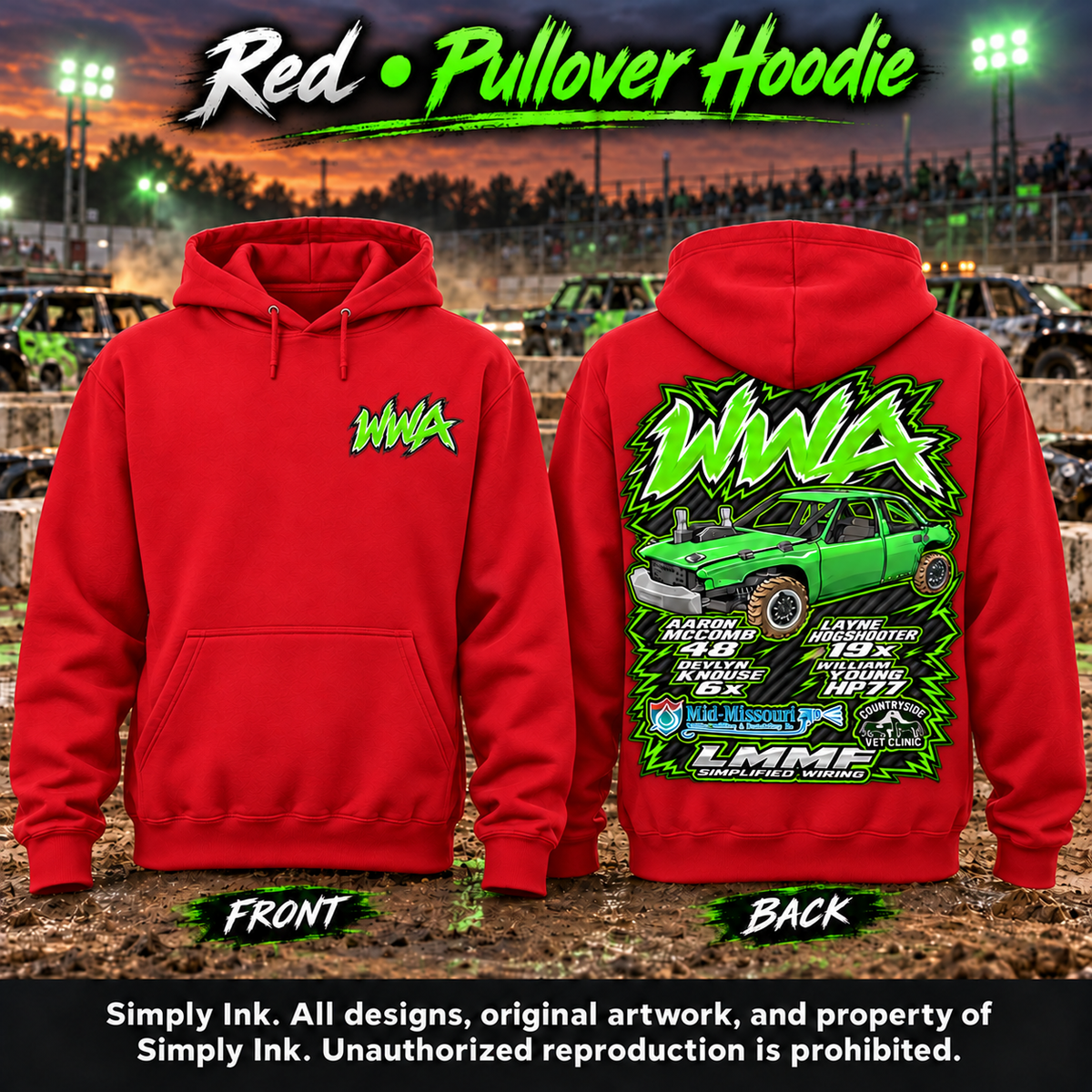 Team WWA Red hoodie front and back with left chest logo