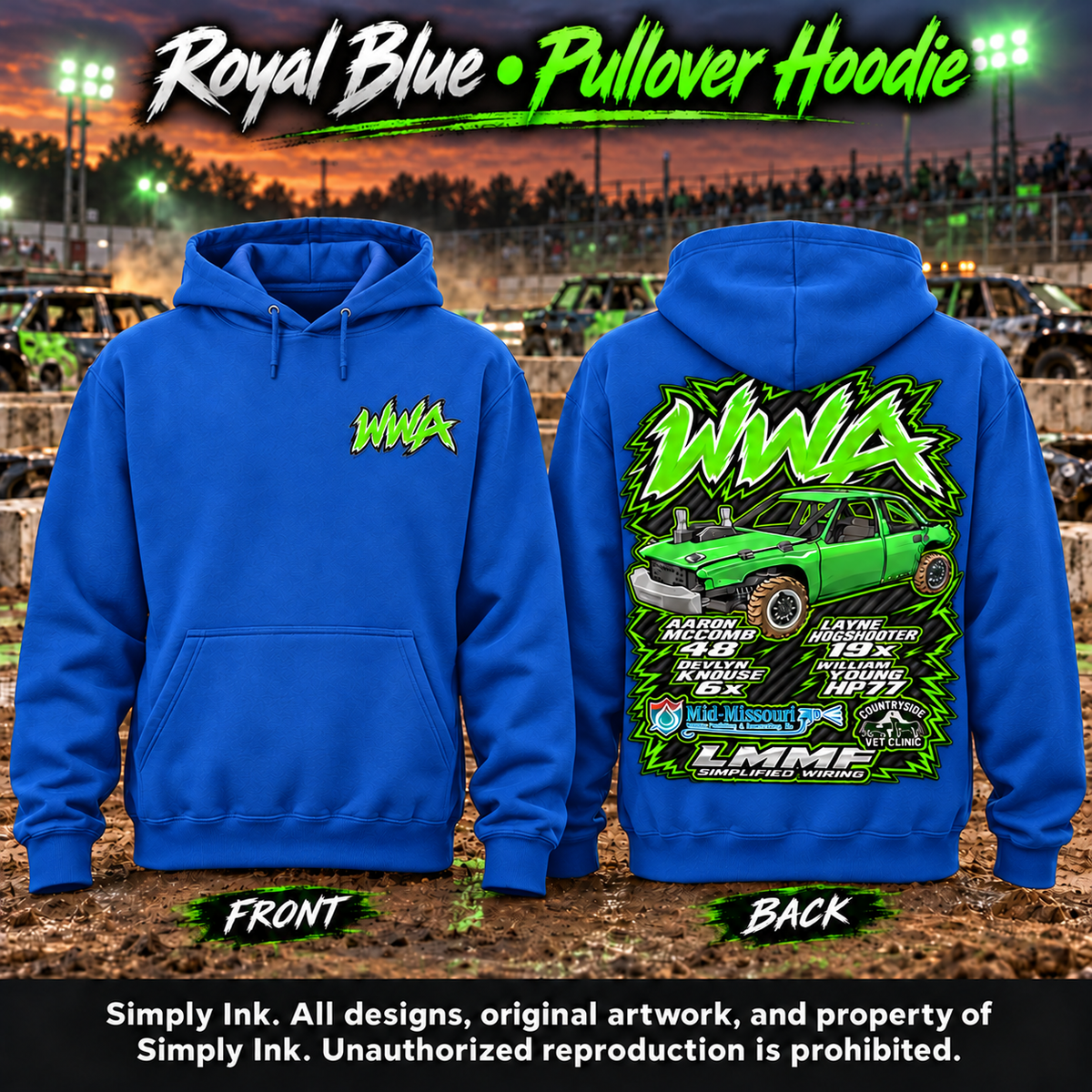 Team WWA Royal Blue hoodie front and back with left chest logo