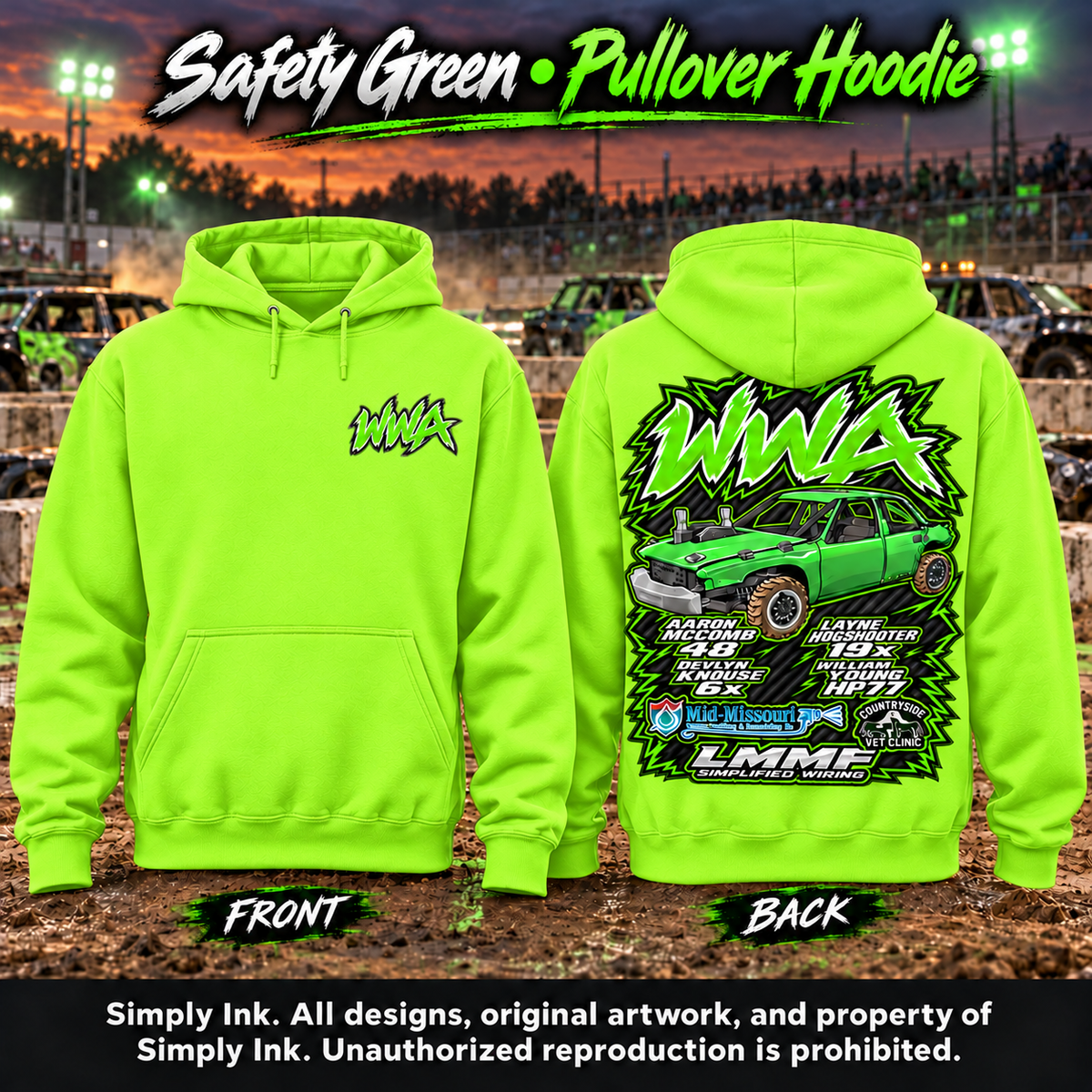 Team WWA Safety Green hoodie front and back with left chest logo
