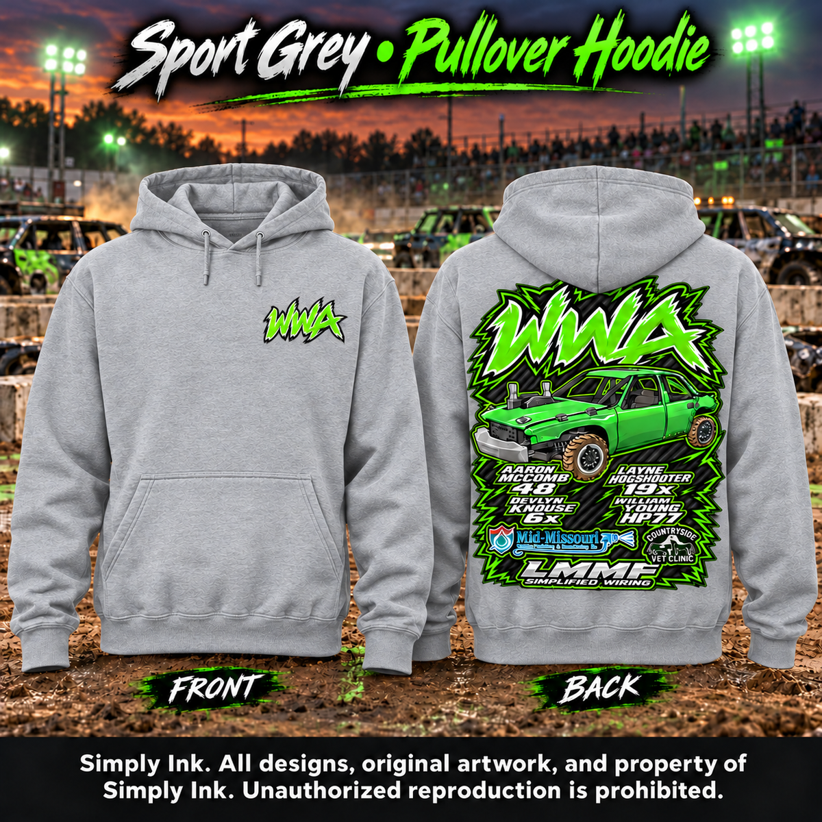Team WWA Sport Grey hoodie front and back with left chest logo